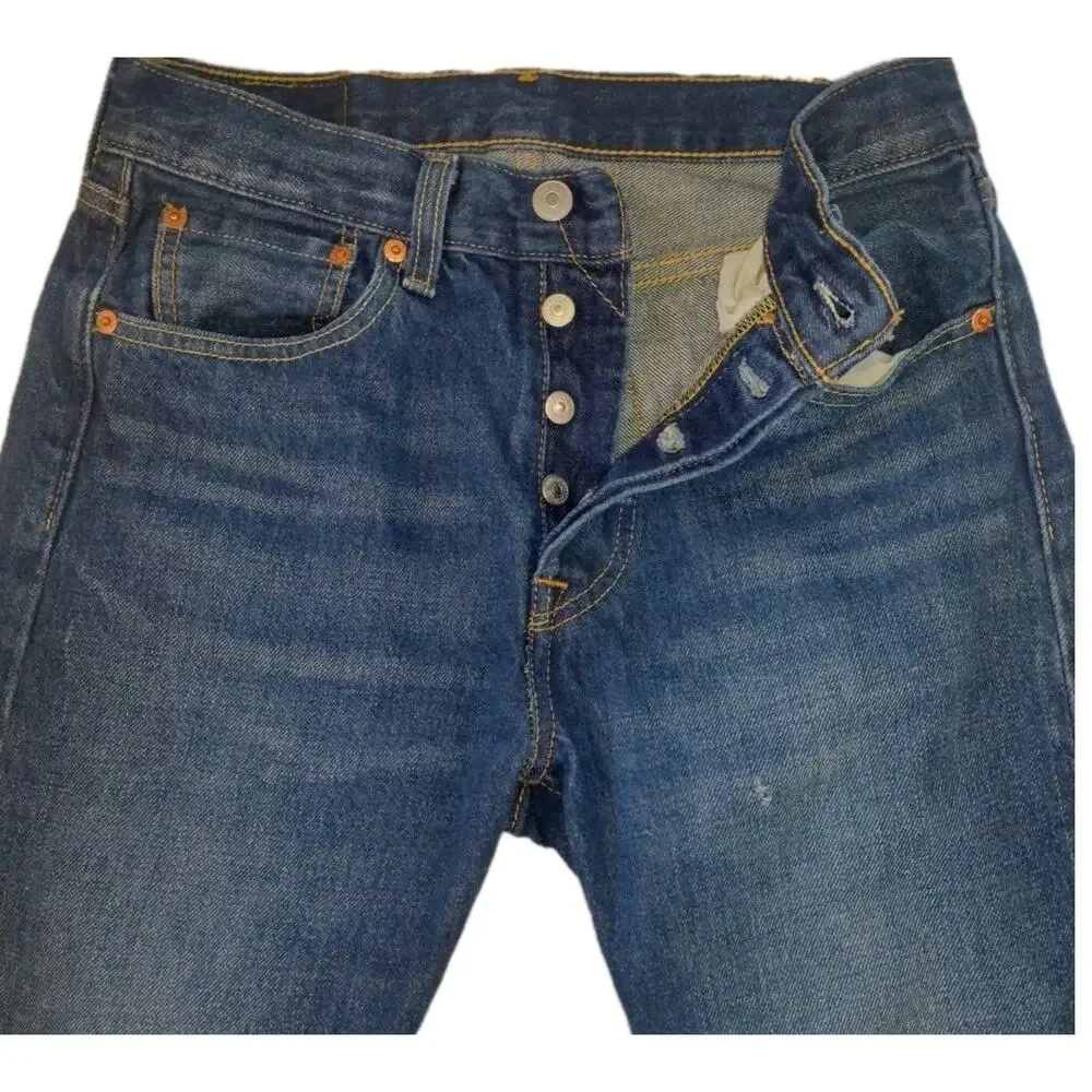 Levis Jeans Mens 28x30 501 Original Straight Button Fly Classic distressed denim